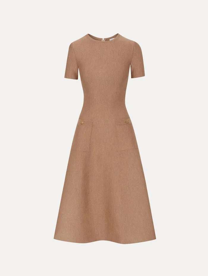 O Flower Knit Midi Dress Cafe Au Lait Women Oscar De La Renta Dresses