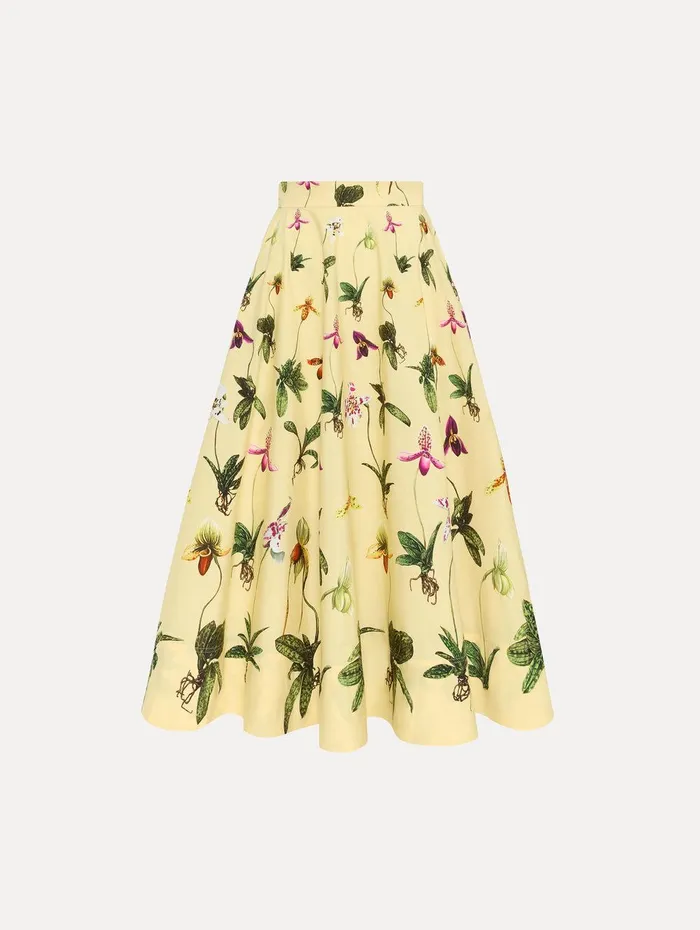 Orchid Cotton Poplin Skirt Yellow Multi Women Oscar De La Renta Pants and Skirts Orchid Cotton Poplin Skirt Yellow Multi Women Oscar De La Renta Pants and Skirts