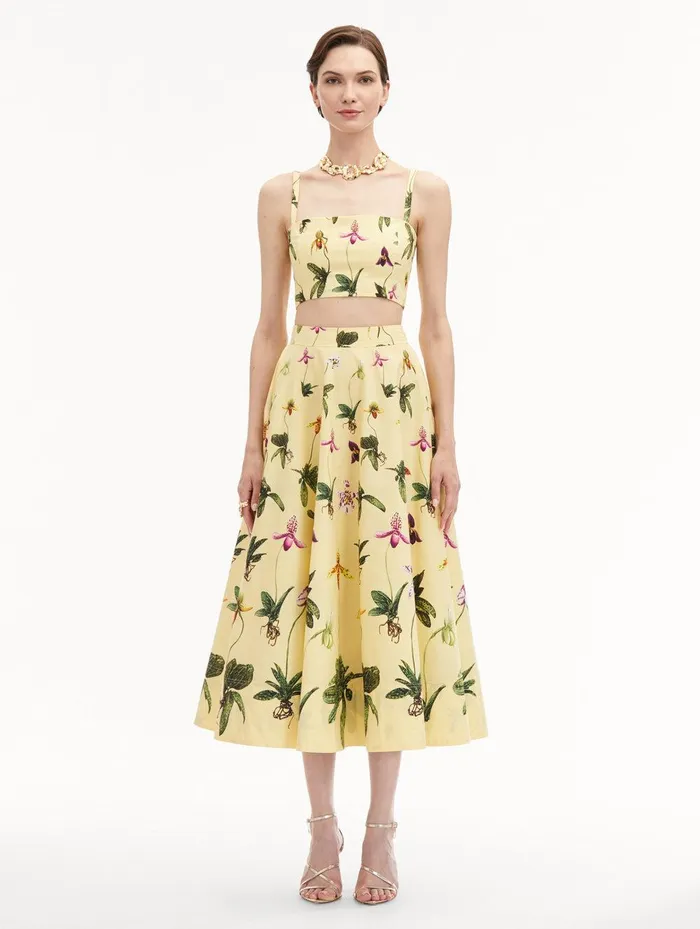 Orchid Cotton Poplin Skirt Yellow Multi Women Oscar De La Renta Pants and Skirts Orchid Cotton Poplin Skirt Yellow Multi Women Oscar De La Renta Pants and Skirts