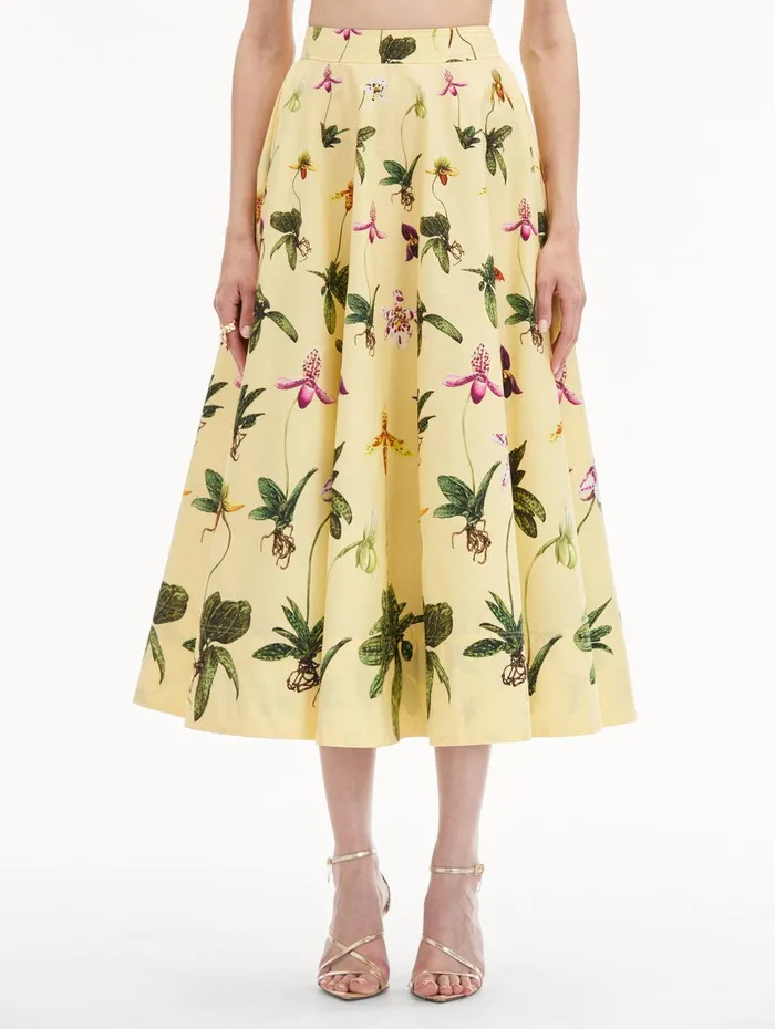 Orchid Cotton Poplin Skirt Yellow Multi Women Oscar De La Renta Pants and Skirts Orchid Cotton Poplin Skirt Yellow Multi Women Oscar De La Renta Pants and Skirts