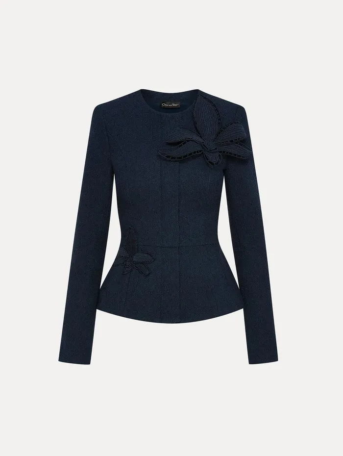 Orchid Embroidered Tweed Jacket Navy Women Oscar De La Renta Jackets and Coats Orchid Embroidered Tweed Jacket Navy Women Oscar De La Renta Jackets and Coats