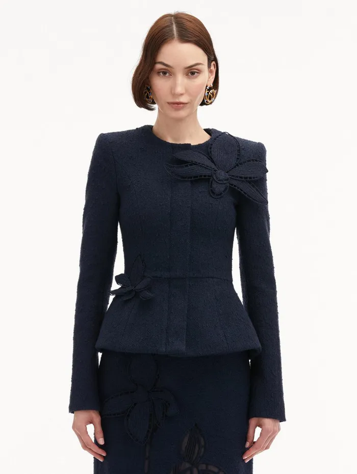 Orchid Embroidered Tweed Jacket Navy Women Oscar De La Renta Jackets and Coats Orchid Embroidered Tweed Jacket Navy Women Oscar De La Renta Jackets and Coats