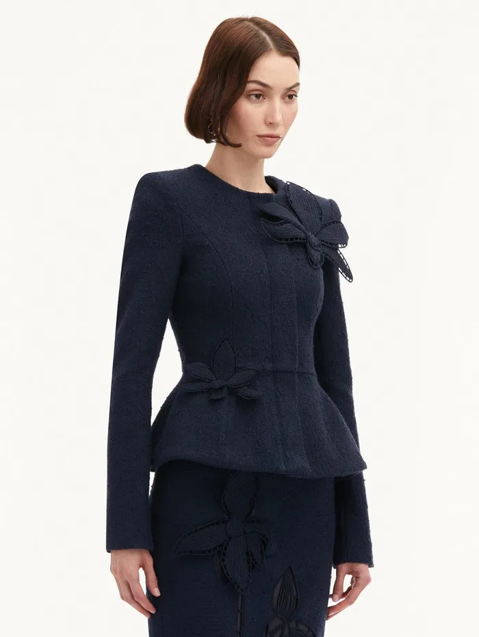 Orchid Embroidered Tweed Jacket Navy Women Oscar De La Renta Jackets and Coats Orchid Embroidered Tweed Jacket Navy Women Oscar De La Renta Jackets and Coats