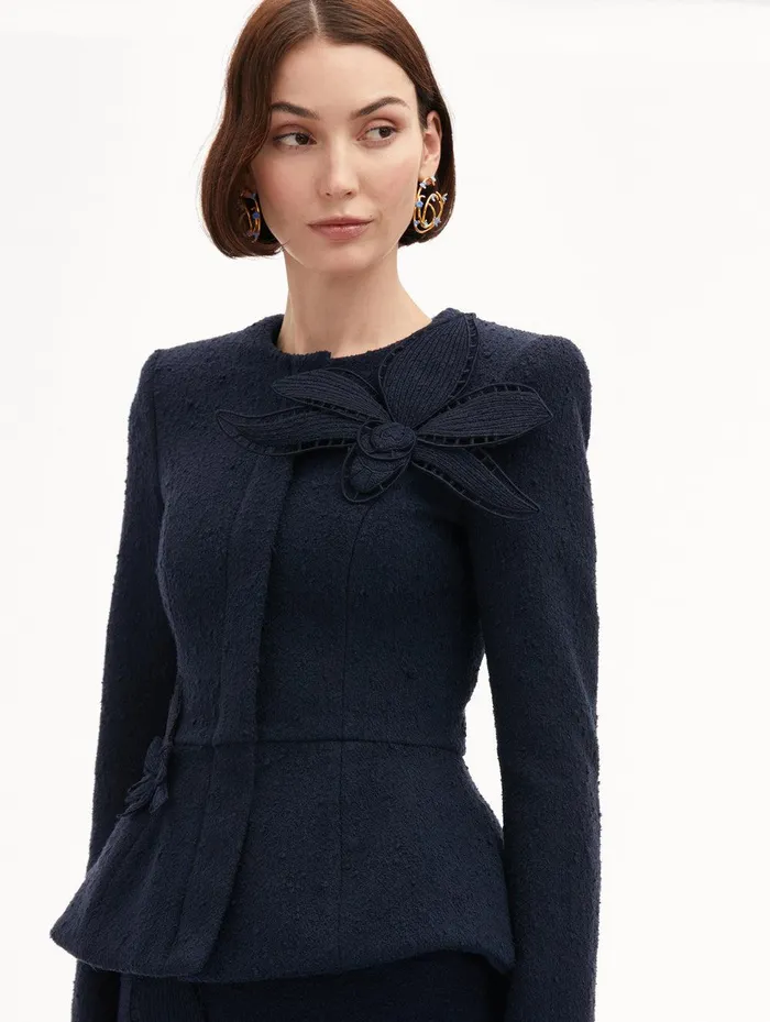Orchid Embroidered Tweed Jacket Navy Women Oscar De La Renta Jackets and Coats Orchid Embroidered Tweed Jacket Navy Women Oscar De La Renta Jackets and Coats