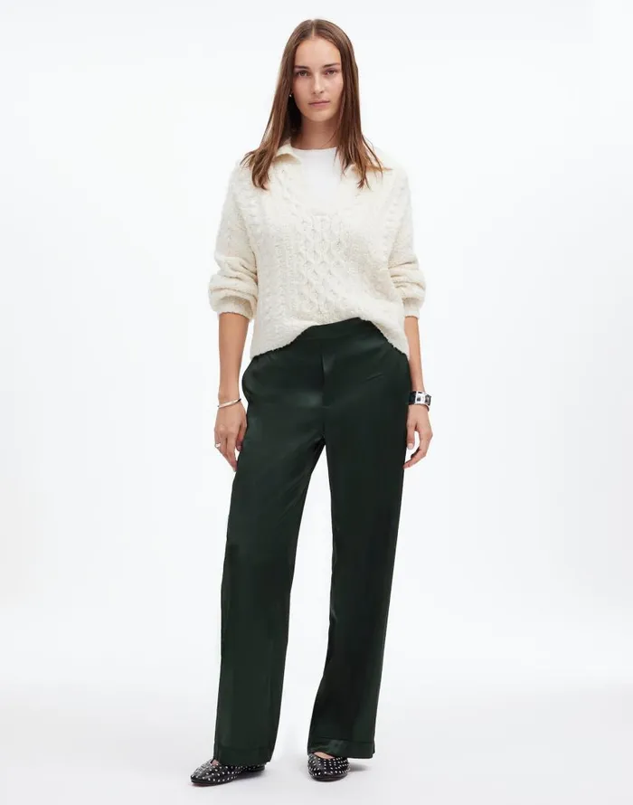 Pants Women Madewell PullOn Straight Pants In Stretch Satin Luxury Forest