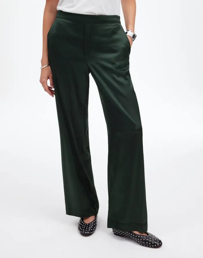 Pants Women Madewell PullOn Straight Pants In Stretch Satin Luxury Forest