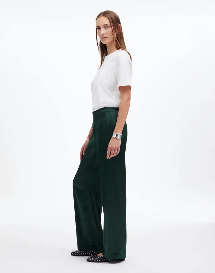 Pants Women Madewell PullOn Straight Pants In Stretch Satin Luxury Forest