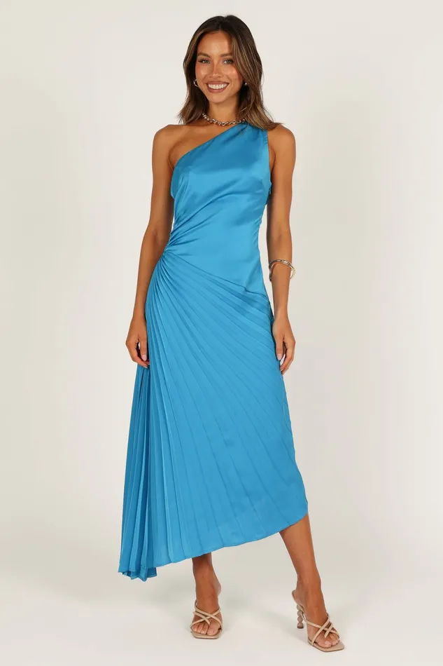 Petal and Pup Flin Pleated One Shoulder Midi Dress Blue Women Satin Dresses