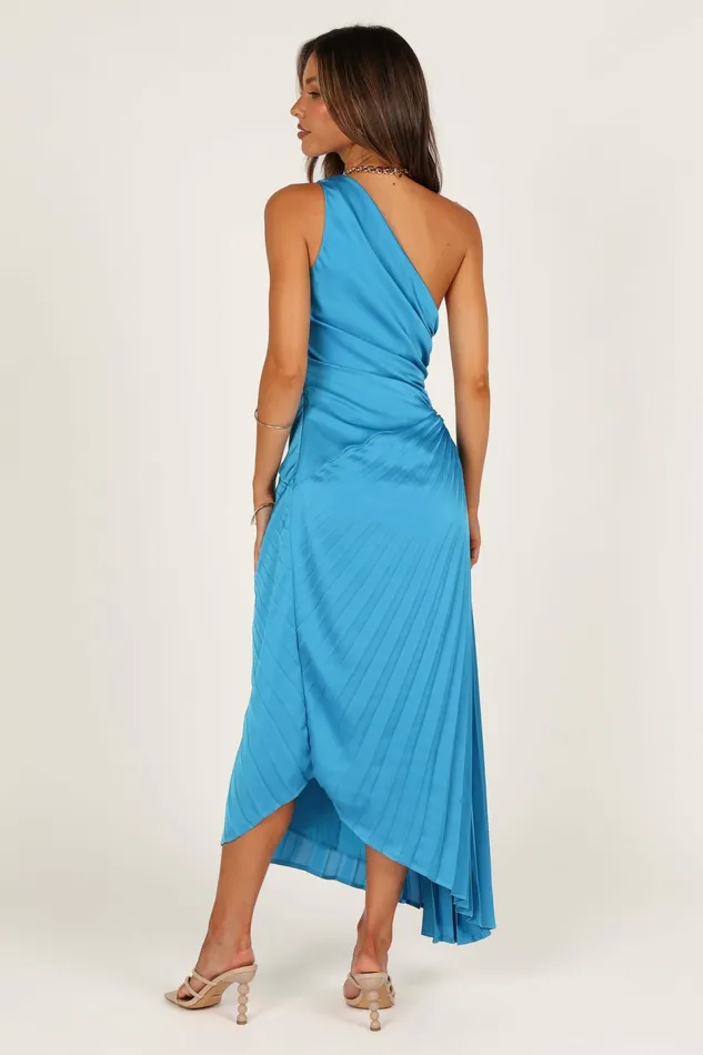 Petal and Pup Flin Pleated One Shoulder Midi Dress Blue Women Satin Dresses