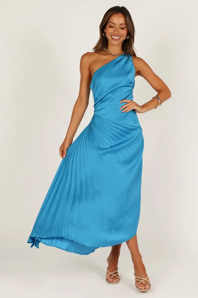 Petal and Pup Flin Pleated One Shoulder Midi Dress Blue Women Satin Dresses
