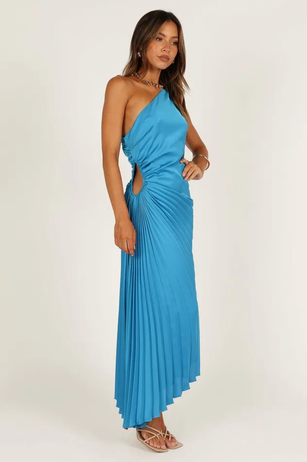 Petal and Pup Flin Pleated One Shoulder Midi Dress Blue Women Satin Dresses