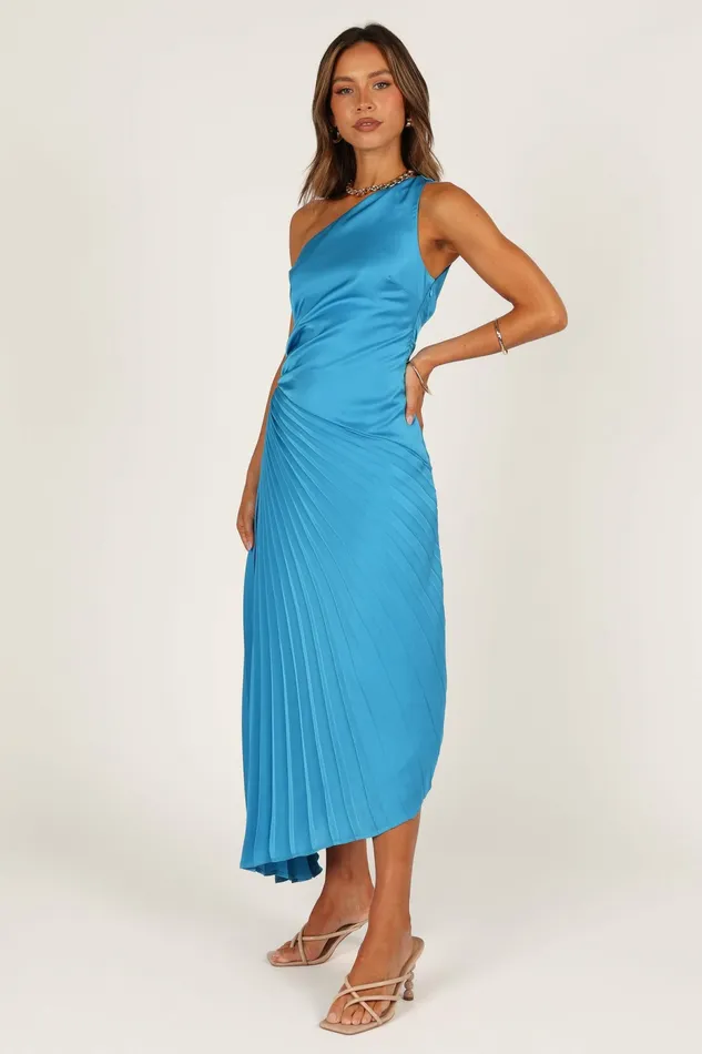 Petal and Pup Flin Pleated One Shoulder Midi Dress Blue Women Satin Dresses