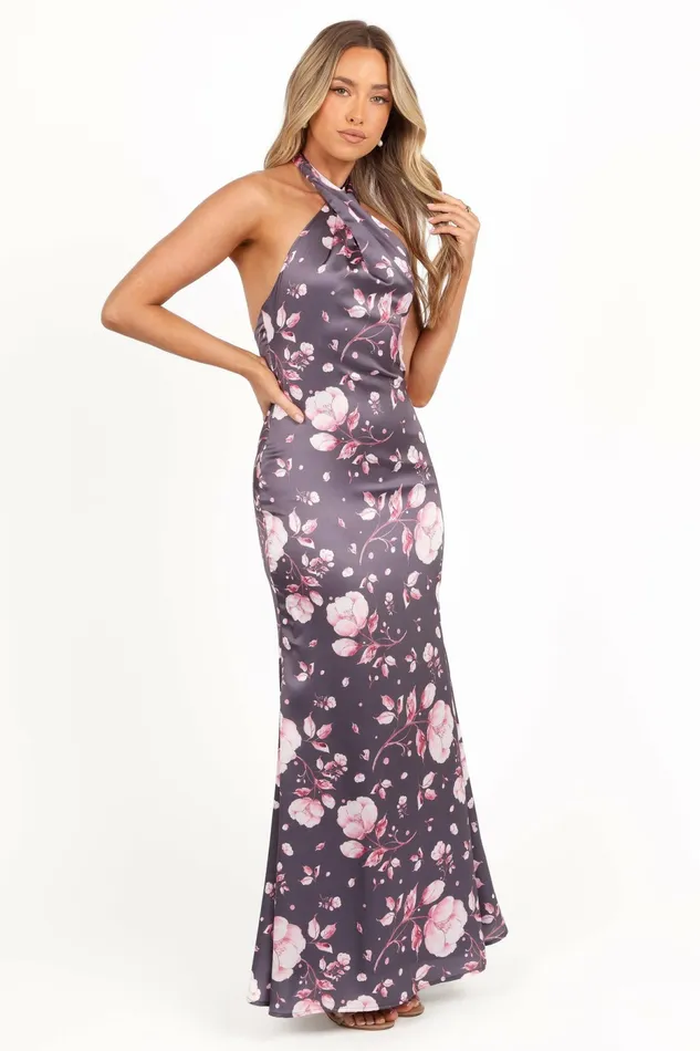 Petal and Pup Satin Dresses Women Mila Halterneck Maxi Dress Steel Gray Floral