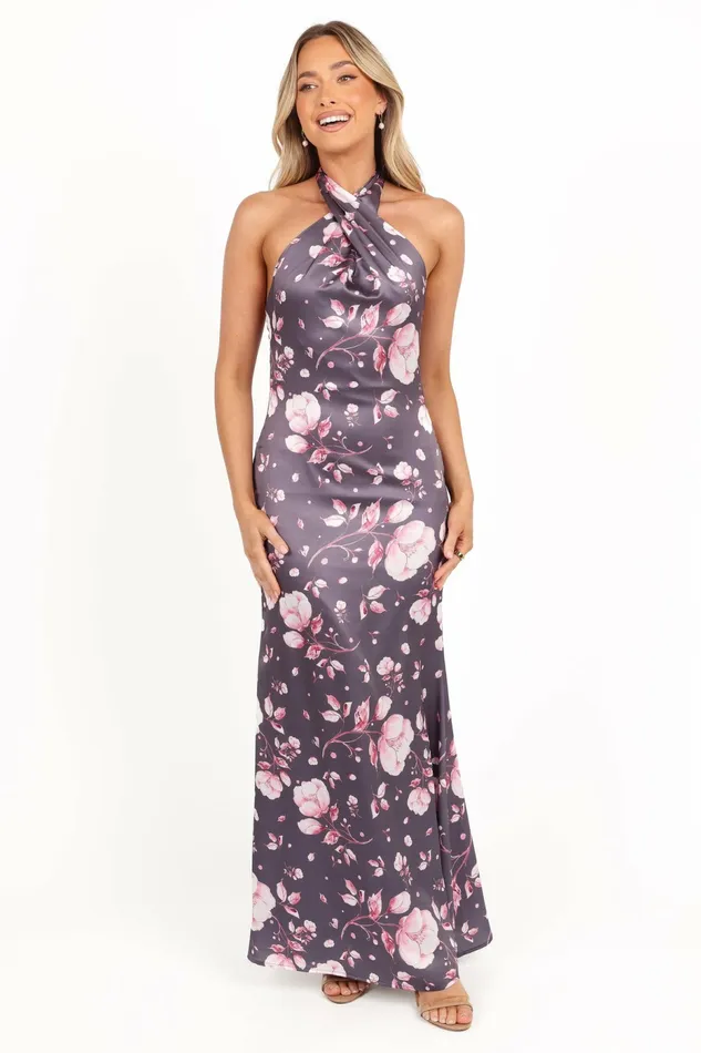 Petal and Pup Satin Dresses Women Mila Halterneck Maxi Dress Steel Gray Floral