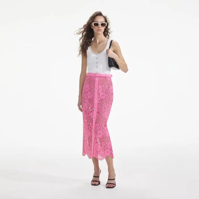 Pink Lace Midi Skirt Women Self Portrait Bottoms