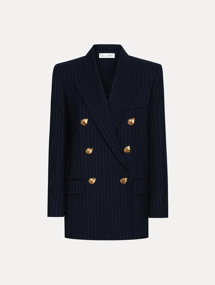 Pinstriped DoubleBreasted Jacket Navy and White Women Oscar De La Renta Jackets and Coats Pinstriped DoubleBreasted Jacket Navy and White Women Oscar De La Renta Jackets and Coats