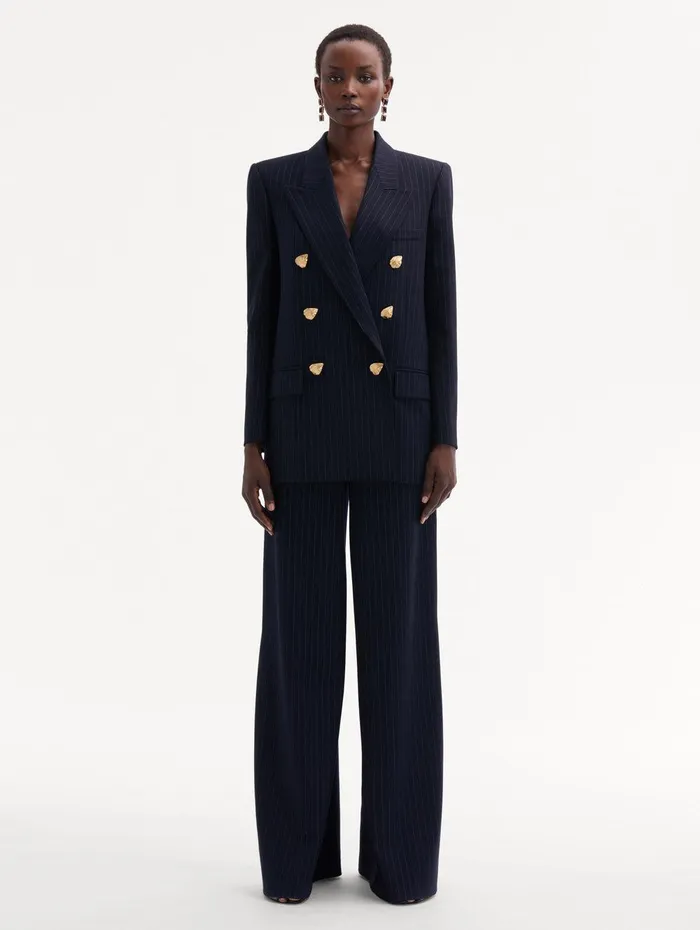 Pinstriped DoubleBreasted Jacket Navy and White Women Oscar De La Renta Jackets and Coats Pinstriped DoubleBreasted Jacket Navy and White Women Oscar De La Renta Jackets and Coats