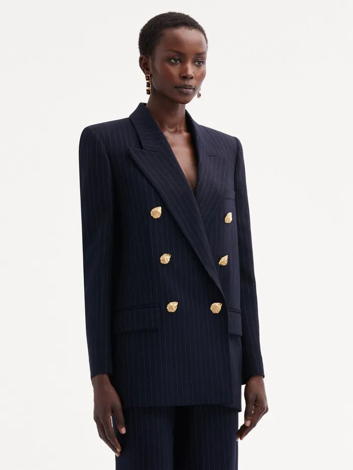 Pinstriped DoubleBreasted Jacket Navy and White Women Oscar De La Renta Jackets and Coats Pinstriped DoubleBreasted Jacket Navy and White Women Oscar De La Renta Jackets and Coats