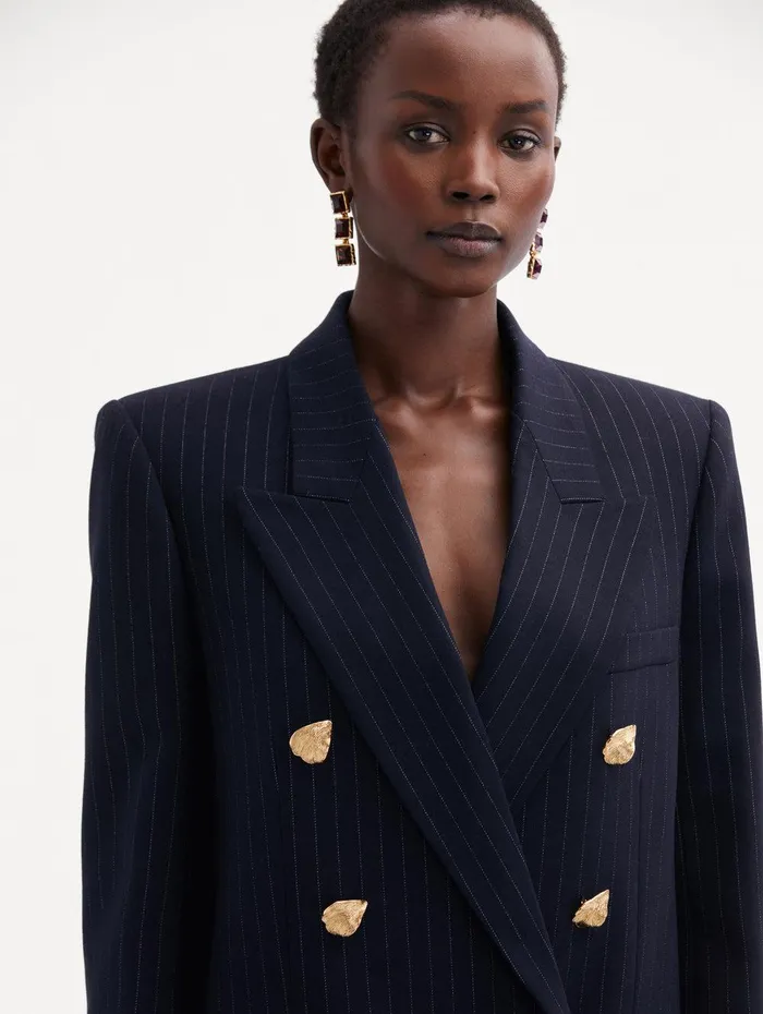 Pinstriped DoubleBreasted Jacket Navy and White Women Oscar De La Renta Jackets and Coats Pinstriped DoubleBreasted Jacket Navy and White Women Oscar De La Renta Jackets and Coats
