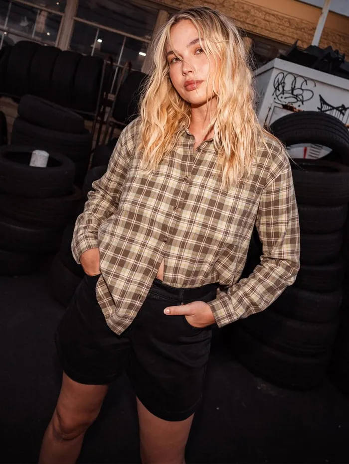 Plaid To Meet U 2 Long Sleeve Top 8211 Army Womens Volcom Tops