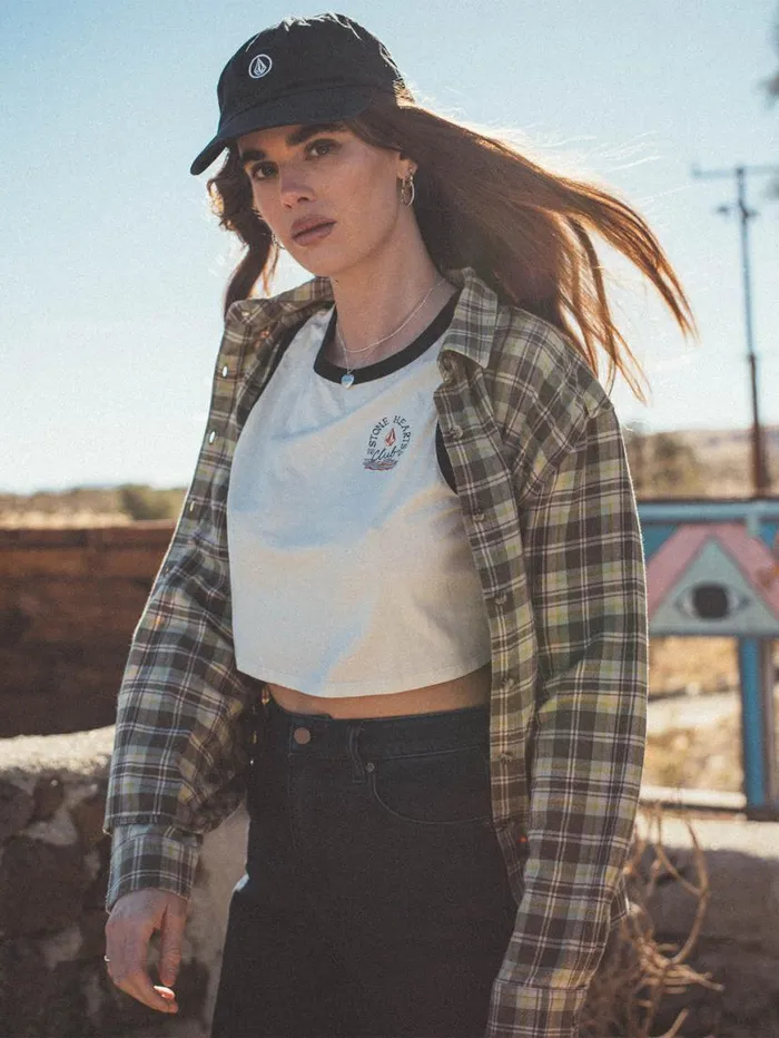 Plaid To Meet U 2 Long Sleeve Top 8211 Army Womens Volcom Tops