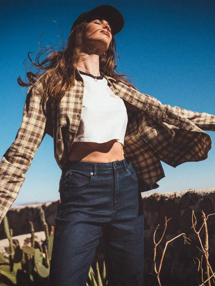 Plaid To Meet U 2 Long Sleeve Top 8211 Army Womens Volcom Tops