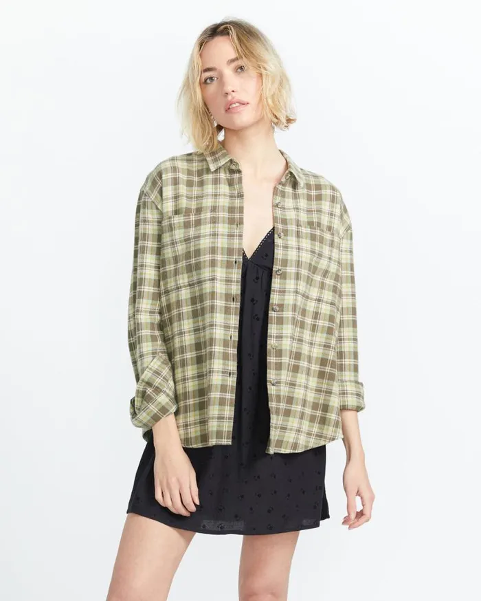 Plaid To Meet U 2 Long Sleeve Top 8211 Army Womens Volcom Tops