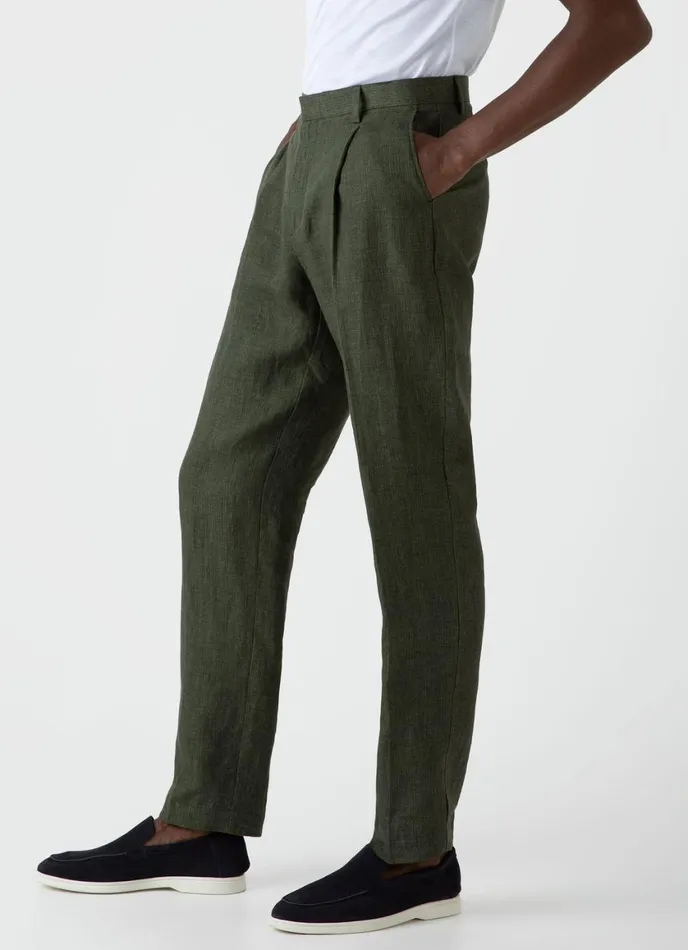 Pleated Linen Trouser Hunter Green Men SUNSPEL Pants