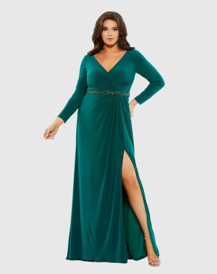 Plus Size Dresses Beaded Belt Jersey Faux Wrap Long Sleeve Gown Emerald Mac Duggal Women Plus Size Dresses Beaded Belt Jersey Faux Wrap Long Sleeve Gown Emerald Mac Duggal Women
