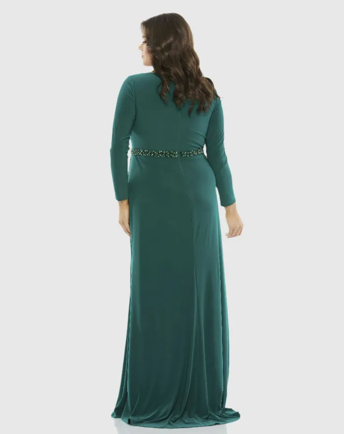 Plus Size Dresses Beaded Belt Jersey Faux Wrap Long Sleeve Gown Emerald Mac Duggal Women