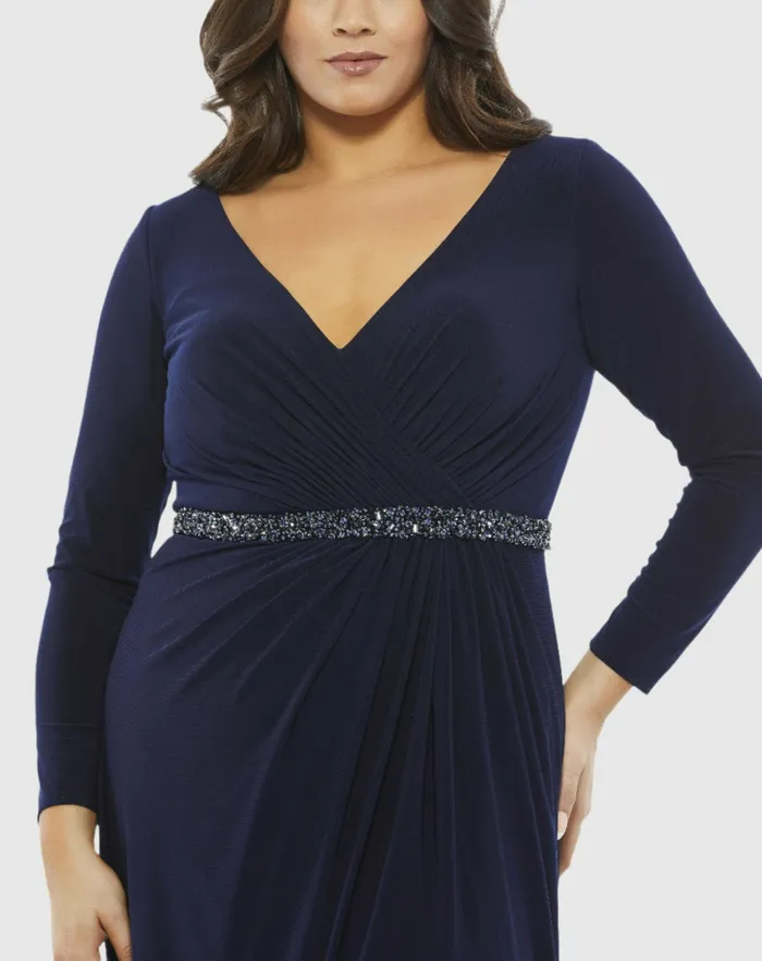 Plus Size Dresses Beaded Belt Jersey Faux Wrap Long Sleeve Gown Emerald Mac Duggal Women