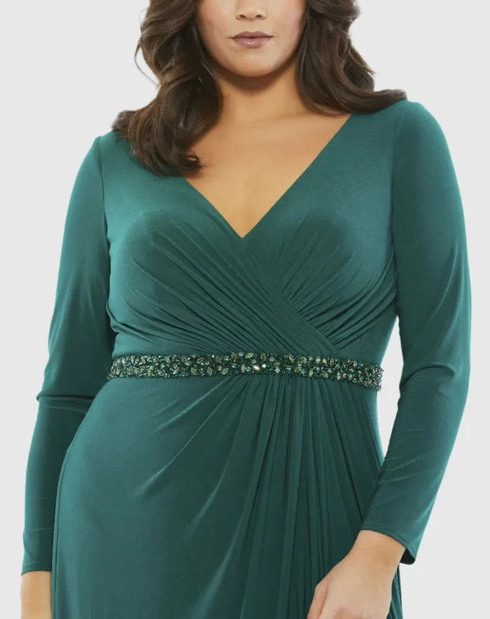 Plus Size Dresses Beaded Belt Jersey Faux Wrap Long Sleeve Gown Emerald Mac Duggal Women