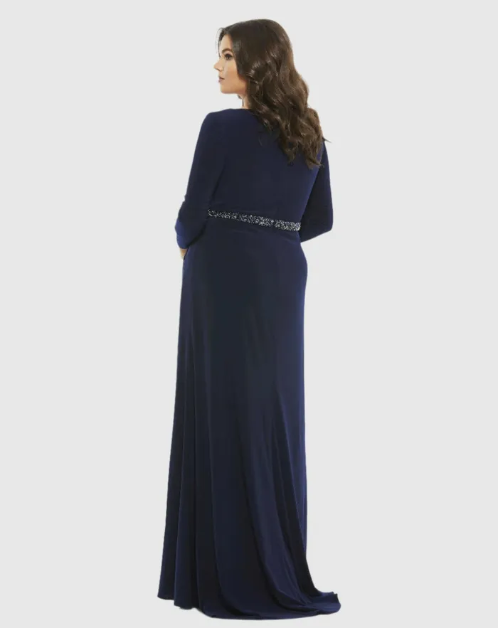 Plus Size Dresses Beaded Belt Jersey Faux Wrap Long Sleeve Gown Emerald Mac Duggal Women