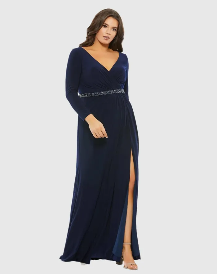 Plus Size Dresses Beaded Belt Jersey Faux Wrap Long Sleeve Gown Emerald Mac Duggal Women