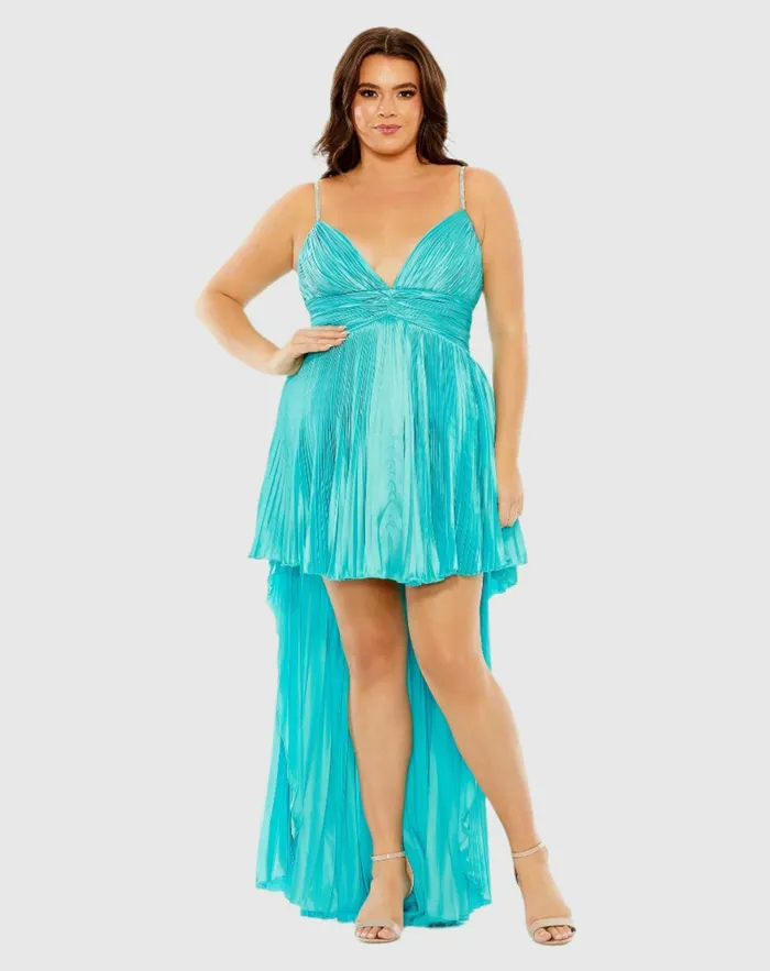 Plus Size Dresses Rhinestone High Low Pleated Gown Aqua Mac Duggal Women