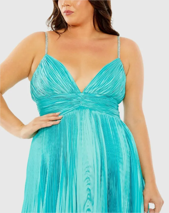 Plus Size Dresses Rhinestone High Low Pleated Gown Aqua Mac Duggal Women Plus Size Dresses Rhinestone High Low Pleated Gown Aqua Mac Duggal Women