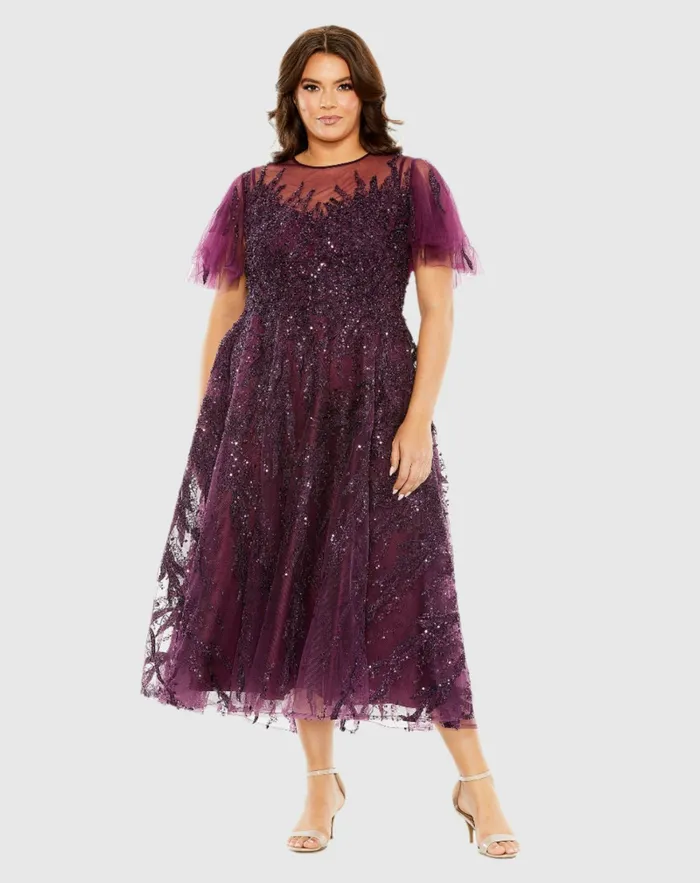 Plus Size Dresses Women High Neck Flutter Sleeve A Line Embellished Dress Plum Mac Duggal Plus Size Dresses Women High Neck Flutter Sleeve A Line Embellished Dress Plum Mac Duggal