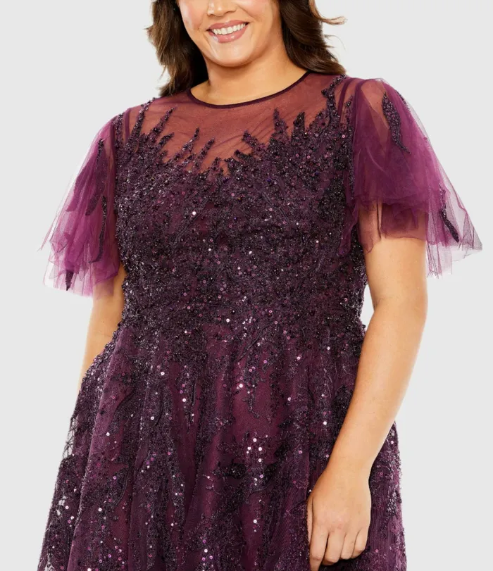 Plus Size Dresses Women High Neck Flutter Sleeve A Line Embellished Dress Plum Mac Duggal Plus Size Dresses Women High Neck Flutter Sleeve A Line Embellished Dress Plum Mac Duggal