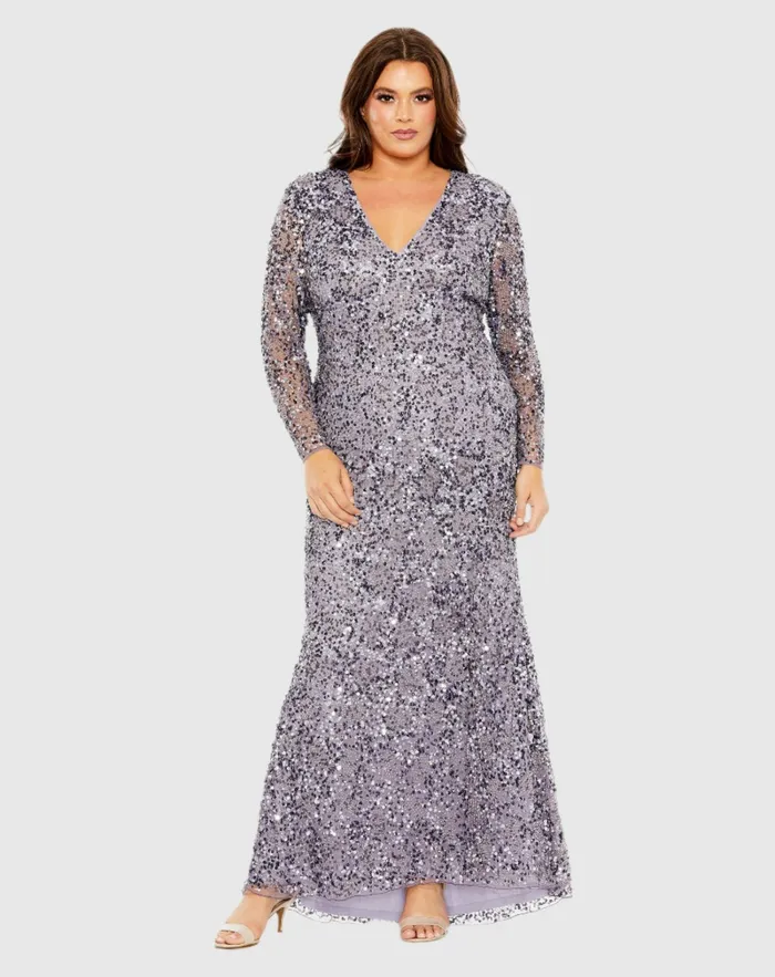 Plus Size Dresses Women V Neck Embellished Long Sleeve Dress Vintage Lilac Mac Duggal Plus Size Dresses Women V Neck Embellished Long Sleeve Dress Vintage Lilac Mac Duggal