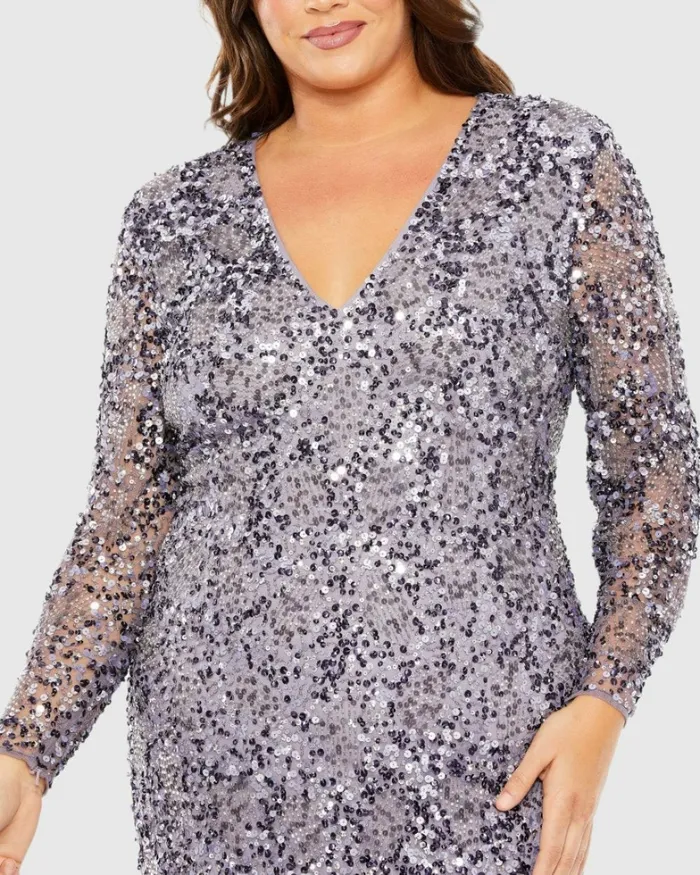 Plus Size Dresses Women V Neck Embellished Long Sleeve Dress Vintage Lilac Mac Duggal Plus Size Dresses Women V Neck Embellished Long Sleeve Dress Vintage Lilac Mac Duggal