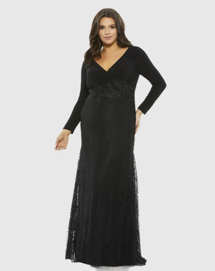 Plus Size Dresses WrapOver Long Sleeve Lace Applique Trumpet Gown Plus BLACK 8211 Mac Duggal Women Plus Size Dresses WrapOver Long Sleeve Lace Applique Trumpet Gown Plus BLACK 8211 Mac Duggal Women