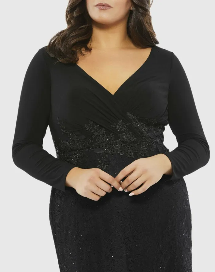 Plus Size Dresses WrapOver Long Sleeve Lace Applique Trumpet Gown Plus BLACK 8211 Mac Duggal Women