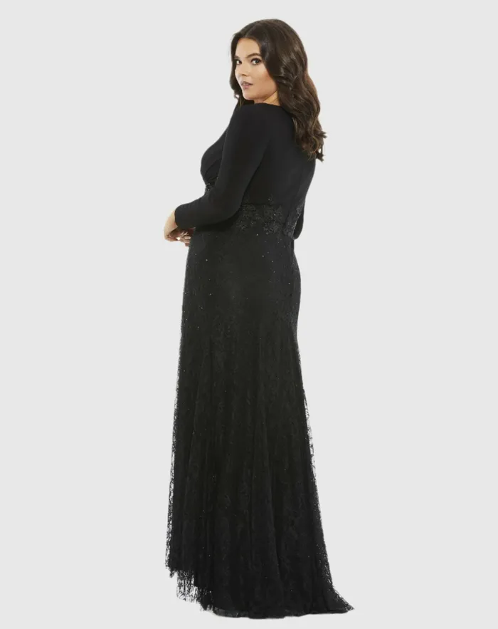 Plus Size Dresses WrapOver Long Sleeve Lace Applique Trumpet Gown Plus BLACK 8211 Mac Duggal Women