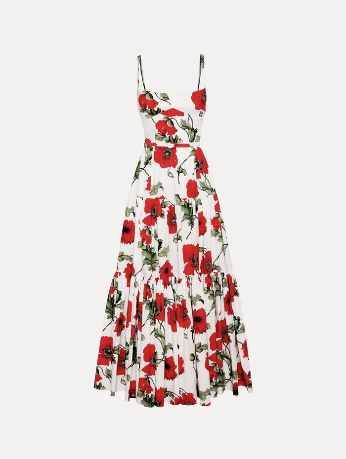 Poppy Cotton Poplin Tiered Maxi Dress White Red Women Oscar De La Renta Dresses Poppy Cotton Poplin Tiered Maxi Dress White Red Women Oscar De La Renta Dresses