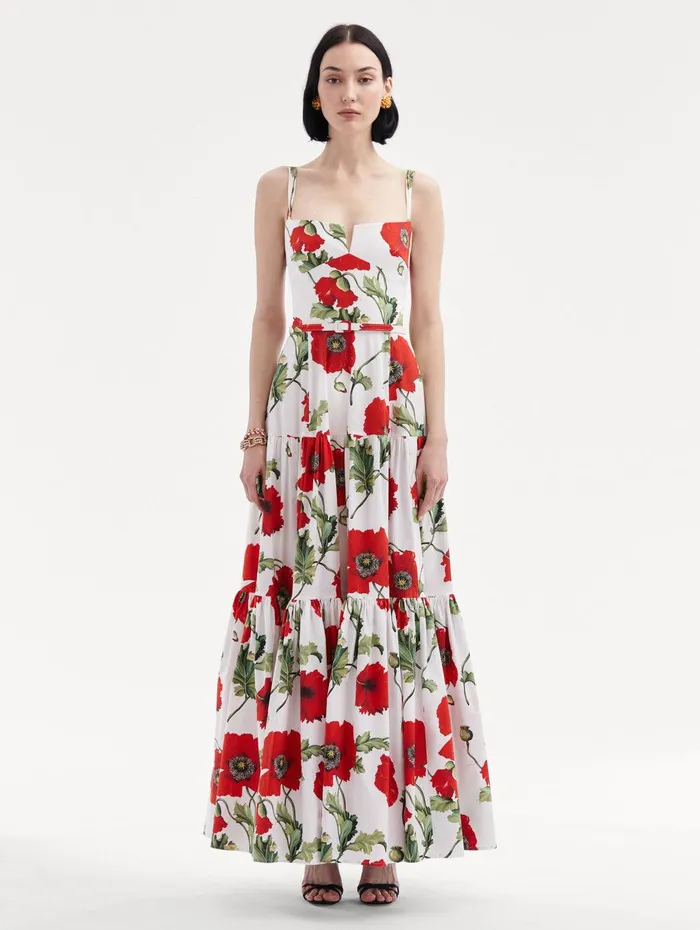 Poppy Cotton Poplin Tiered Maxi Dress White Red Women Oscar De La Renta Dresses Poppy Cotton Poplin Tiered Maxi Dress White Red Women Oscar De La Renta Dresses
