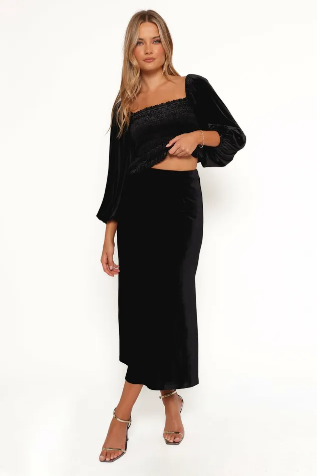 Raelynn Velvet Midi Skirt Black Matching Sets Petal and Pup Women