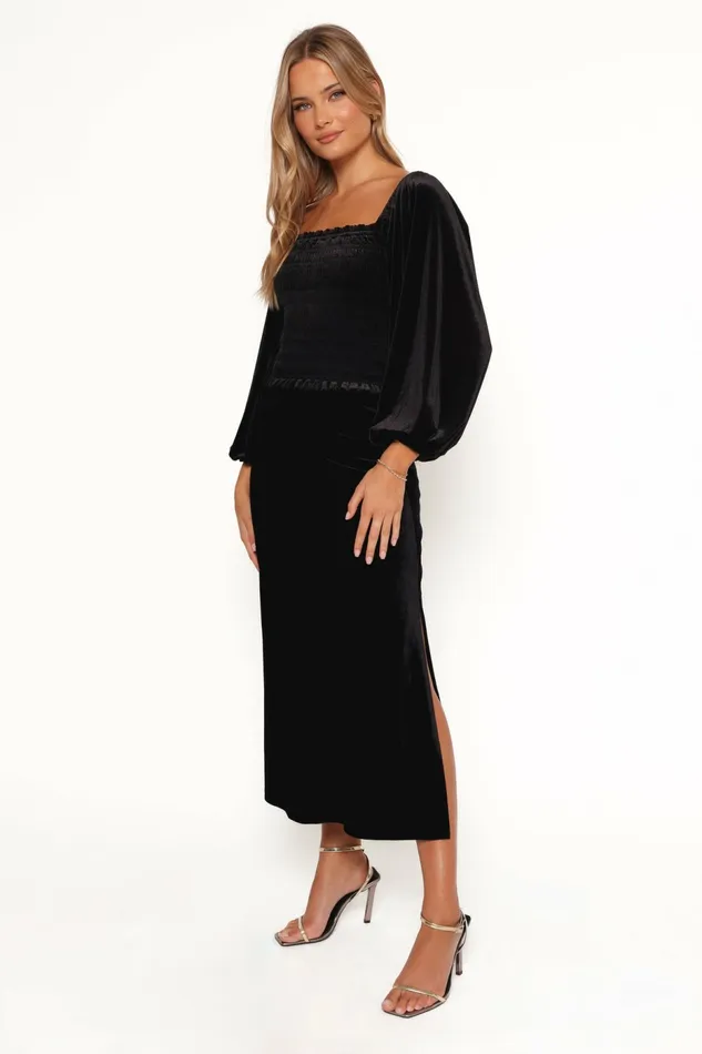 Raelynn Velvet Midi Skirt Black Matching Sets Petal and Pup Women