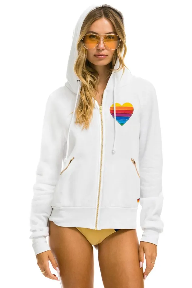 Rainbow Heart Stitch Zip Hoodie W Pockets 8211 White WomenMen Aviator Nation Hoodies Rainbow Heart Stitch Zip Hoodie W Pockets 8211 White WomenMen Aviator Nation Hoodies