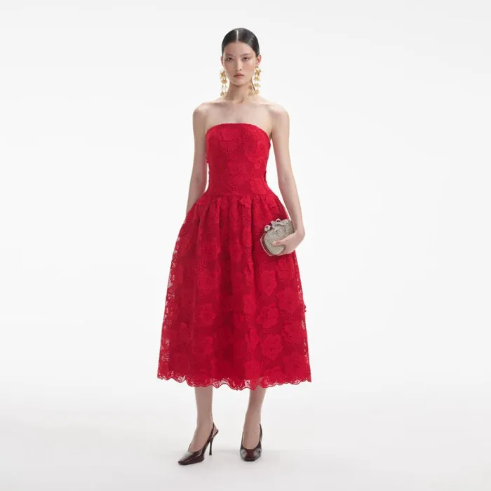 Red Bandeau Lace Midi Dress Women Self Portrait Dresses