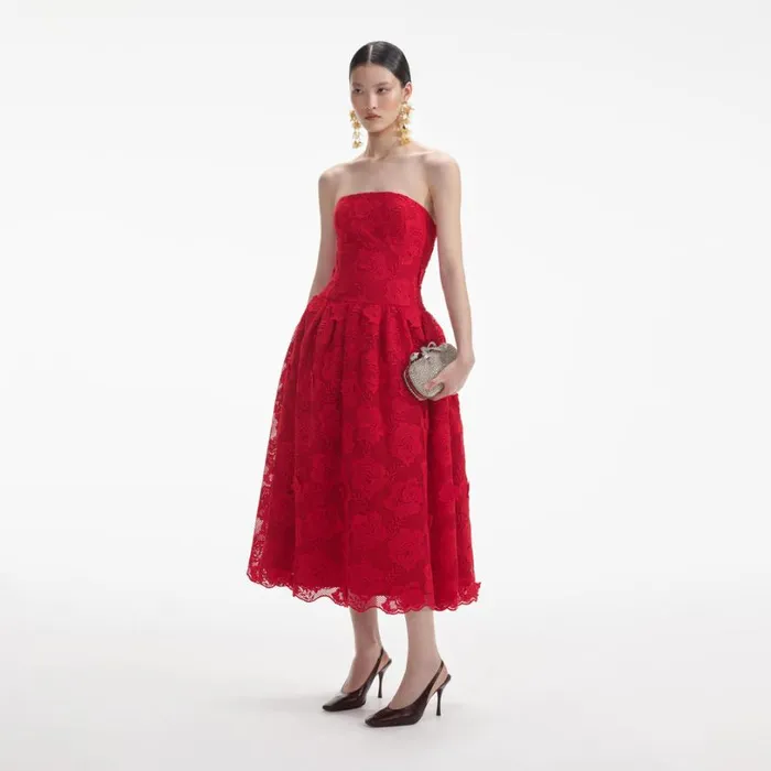 Red Bandeau Lace Midi Dress Women Self Portrait Dresses Red Bandeau Lace Midi Dress Women Self Portrait Dresses